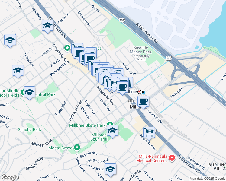 map of restaurants, bars, coffee shops, grocery stores, and more near 238 Broadway in Millbrae