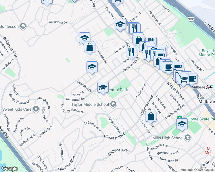 map of restaurants, bars, coffee shops, grocery stores, and more near in Millbrae