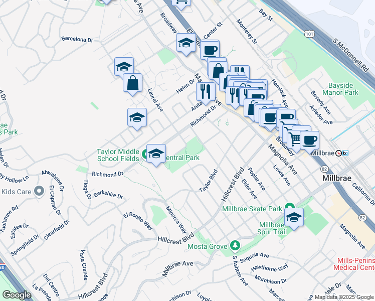 map of restaurants, bars, coffee shops, grocery stores, and more near 433 Lincoln Circle in Millbrae