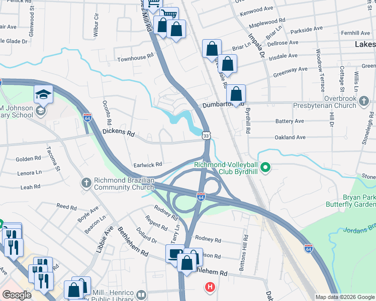 map of restaurants, bars, coffee shops, grocery stores, and more near 4901 Dickens Road in Richmond