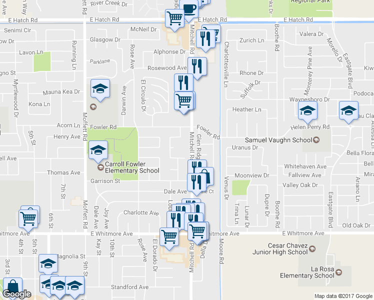 map of restaurants, bars, coffee shops, grocery stores, and more near 1955 Mitchell Road in Ceres