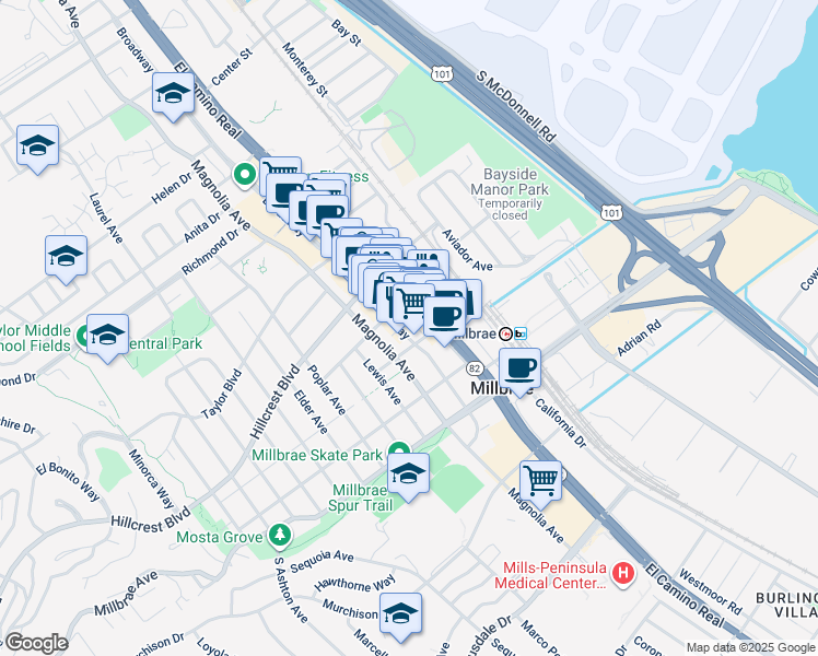 map of restaurants, bars, coffee shops, grocery stores, and more near 238 Broadway in Millbrae