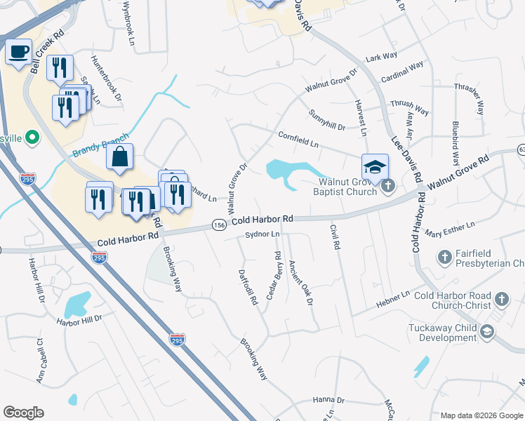 map of restaurants, bars, coffee shops, grocery stores, and more near 7146 Cold Cove in Mechanicsville