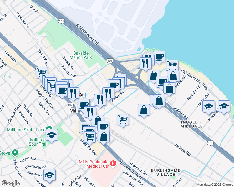 map of restaurants, bars, coffee shops, grocery stores, and more near 340 Adrian Road in Millbrae