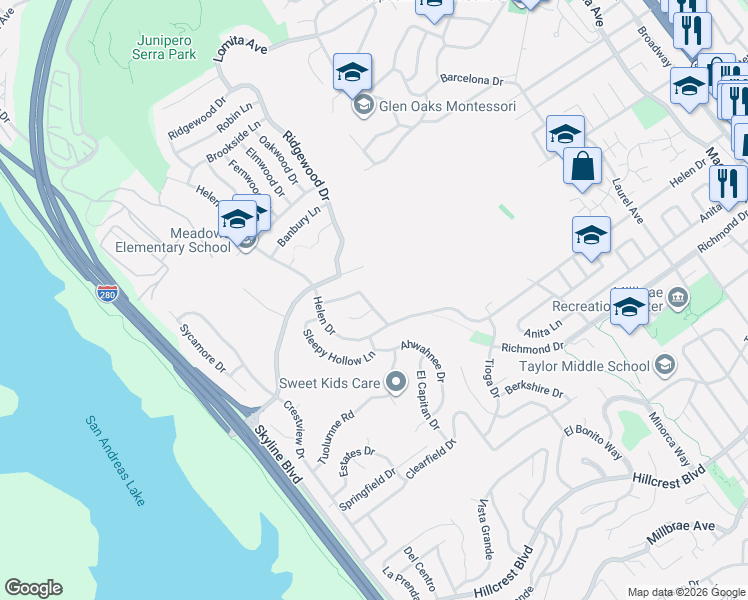 map of restaurants, bars, coffee shops, grocery stores, and more near 928 Evergreen Way in Millbrae