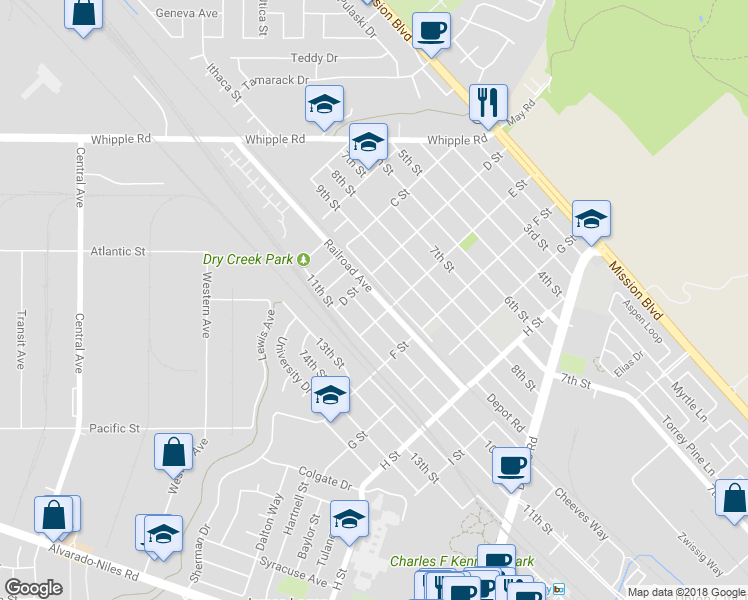 map of restaurants, bars, coffee shops, grocery stores, and more near 33437 Railroad Avenue in Union City