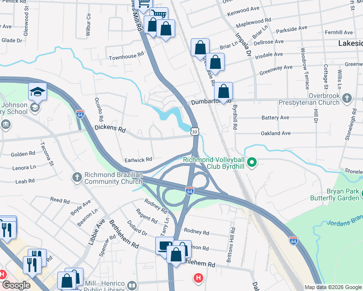 map of restaurants, bars, coffee shops, grocery stores, and more near 4901 Dickens Road in Richmond