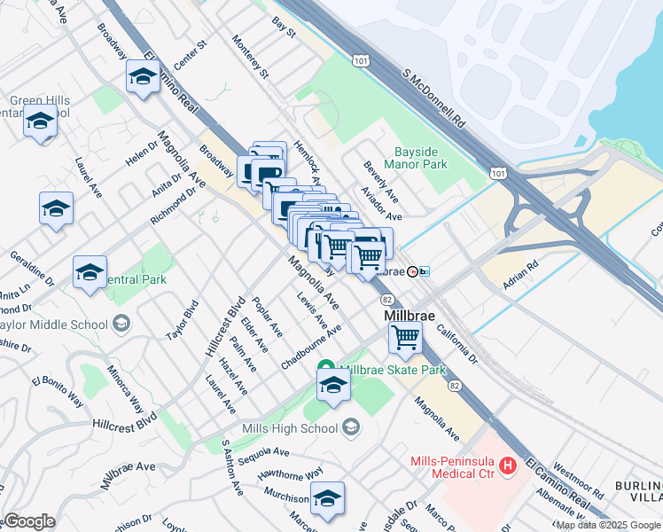 map of restaurants, bars, coffee shops, grocery stores, and more near 238 Broadway in Millbrae