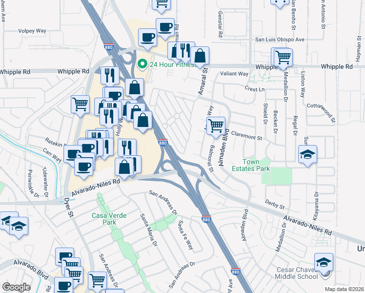 map of restaurants, bars, coffee shops, grocery stores, and more near in Fremont