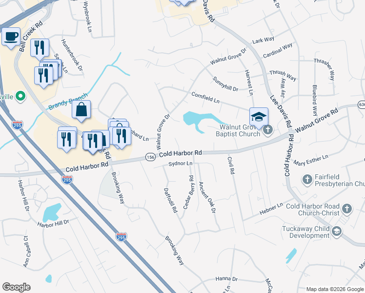 map of restaurants, bars, coffee shops, grocery stores, and more near 7146 Cold Cove in Mechanicsville