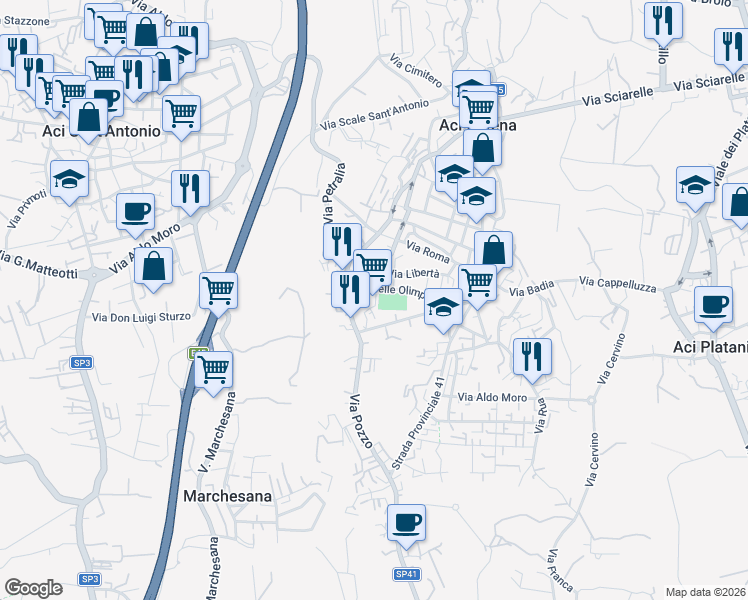 map of restaurants, bars, coffee shops, grocery stores, and more near 31 Via Indipendenza in Aci Catena
