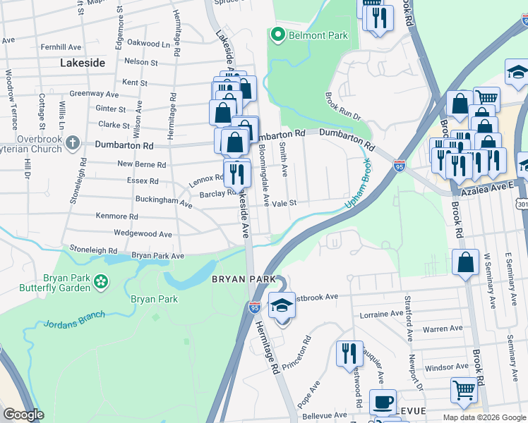 map of restaurants, bars, coffee shops, grocery stores, and more near 5218 Bloomingdale Avenue in Richmond