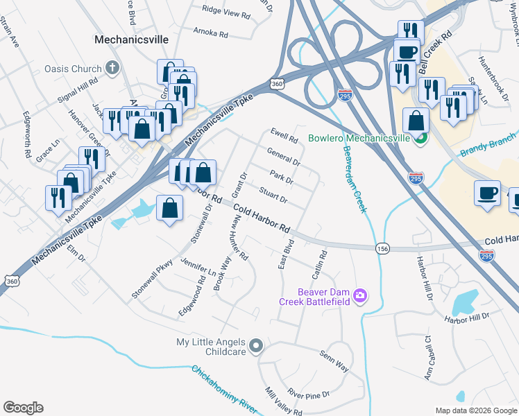 map of restaurants, bars, coffee shops, grocery stores, and more near 7510 Cold Harbor Road in Mechanicsville