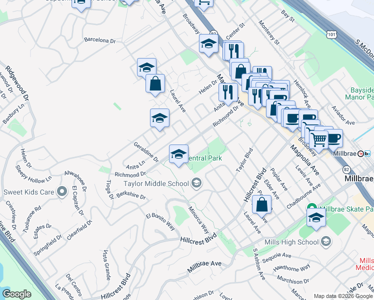 map of restaurants, bars, coffee shops, grocery stores, and more near 498 Lincoln Circle in Millbrae