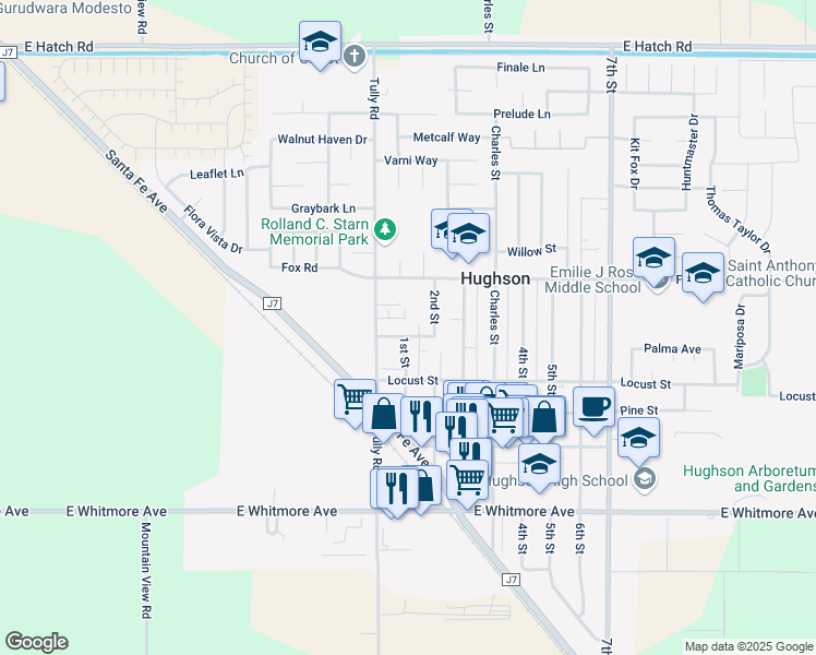 map of restaurants, bars, coffee shops, grocery stores, and more near 6737 Walker Lane in Hughson