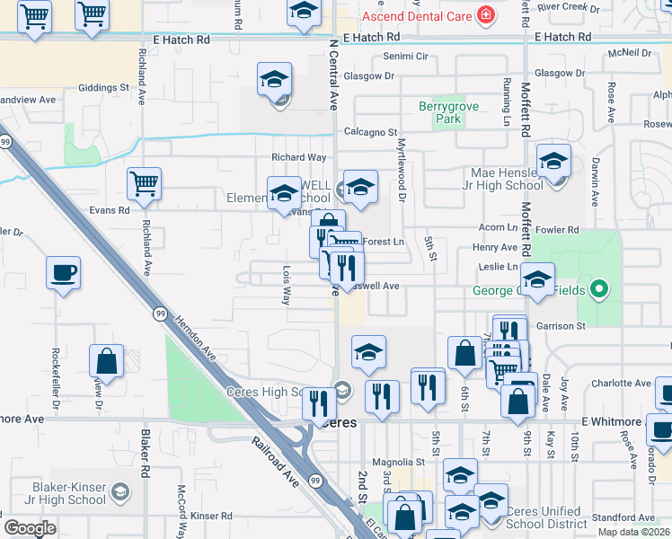 map of restaurants, bars, coffee shops, grocery stores, and more near in Ceres