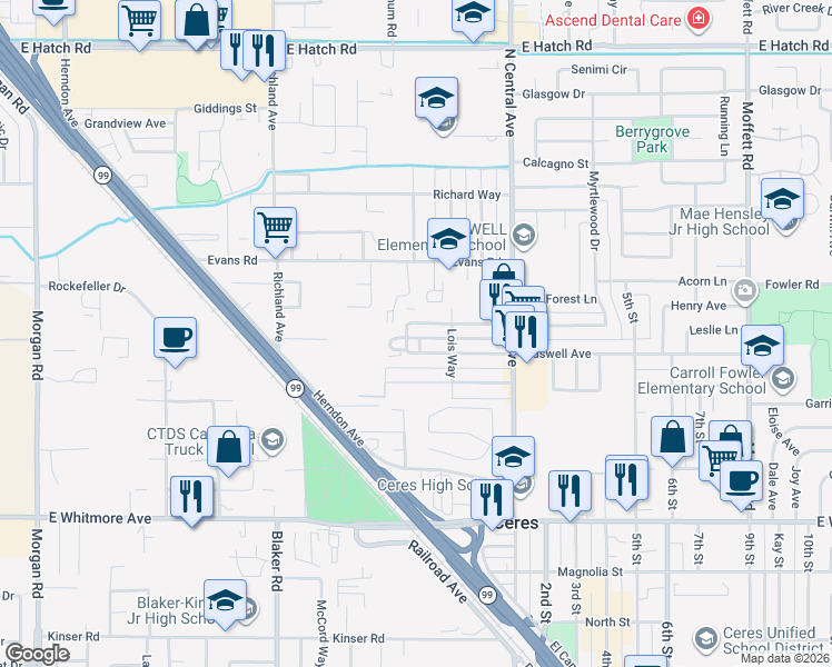 map of restaurants, bars, coffee shops, grocery stores, and more near 1944 Darrah Street in Ceres