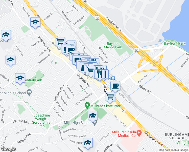 map of restaurants, bars, coffee shops, grocery stores, and more near in Millbrae