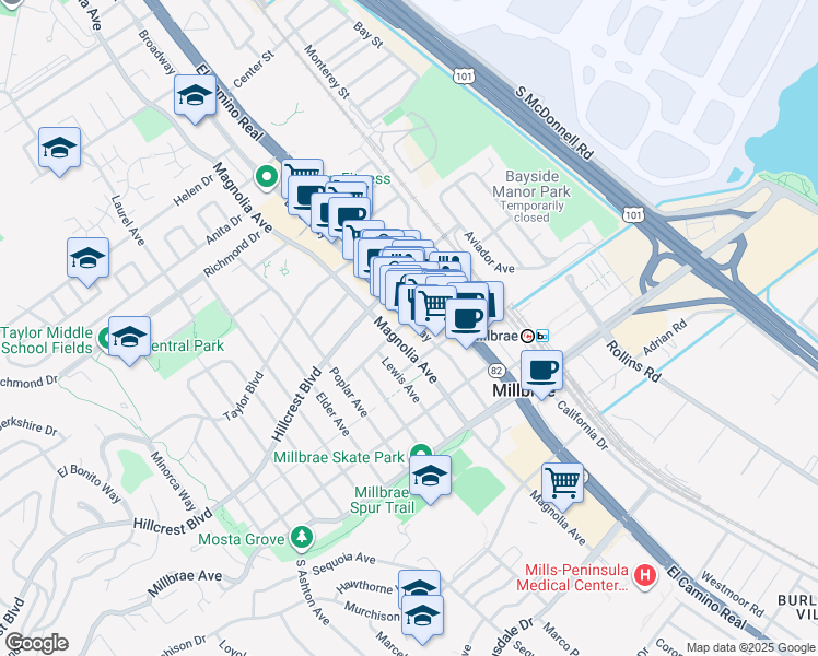 map of restaurants, bars, coffee shops, grocery stores, and more near 238 Broadway in Millbrae