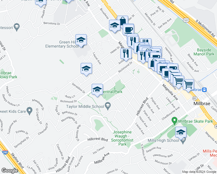 map of restaurants, bars, coffee shops, grocery stores, and more near 427 Richmond Drive in Millbrae