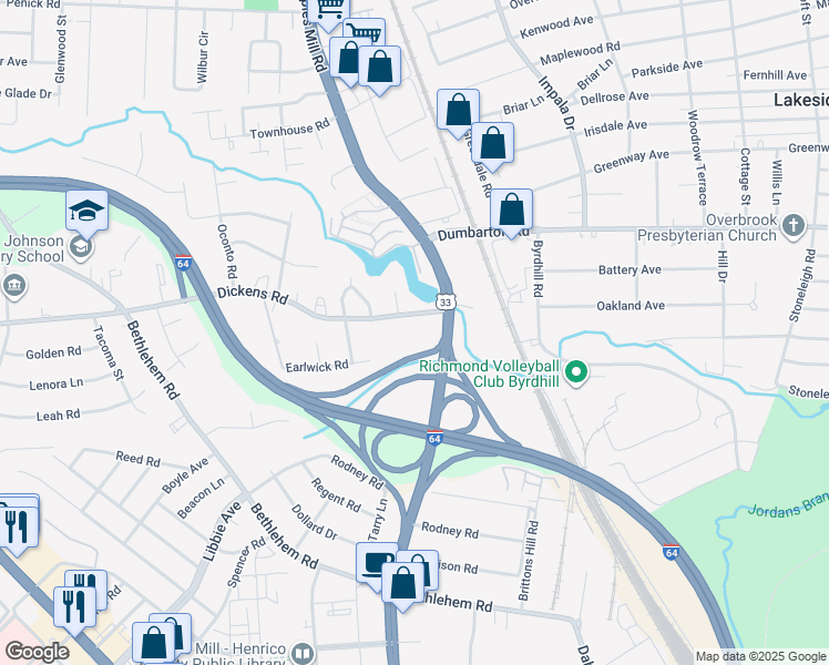 map of restaurants, bars, coffee shops, grocery stores, and more near 4112 Staples Mill Road in Richmond