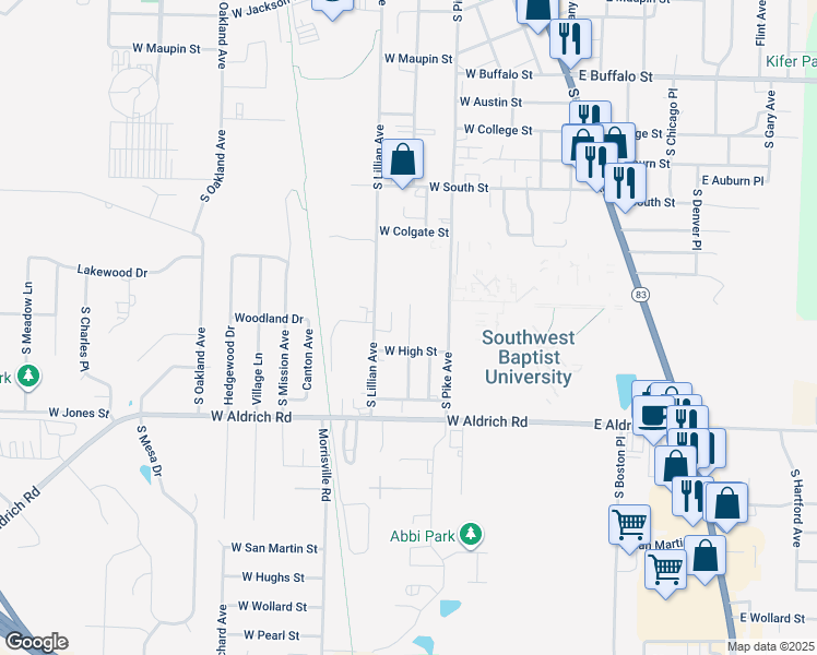 map of restaurants, bars, coffee shops, grocery stores, and more near 1400-1498 S Clark Ave in Bolivar