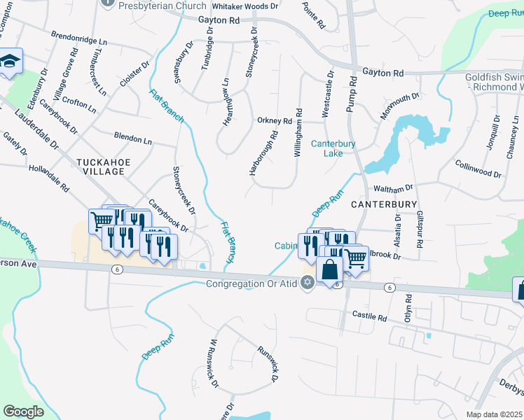 map of restaurants, bars, coffee shops, grocery stores, and more near 10627 Harborough Place in Richmond
