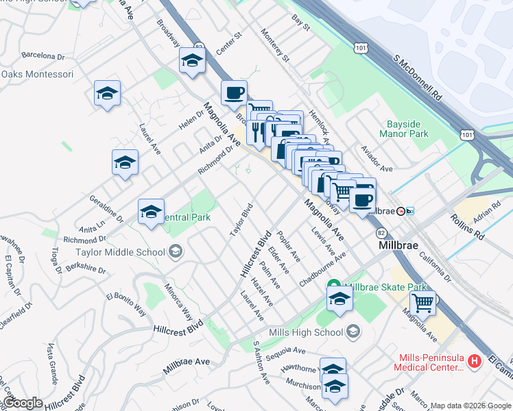 map of restaurants, bars, coffee shops, grocery stores, and more near 272 Barclay Avenue in Millbrae