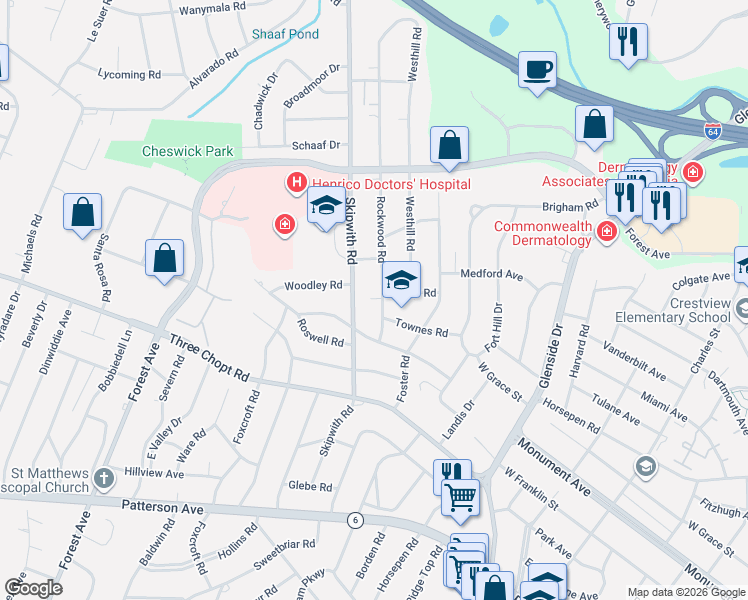 map of restaurants, bars, coffee shops, grocery stores, and more near 1512 Rockwood Road in Richmond
