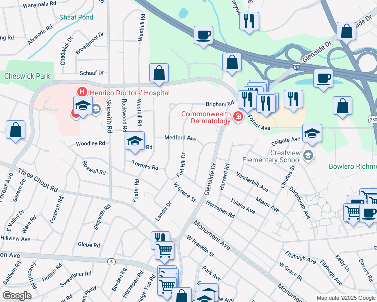 map of restaurants, bars, coffee shops, grocery stores, and more near 1519 Fort Hill Drive in Richmond