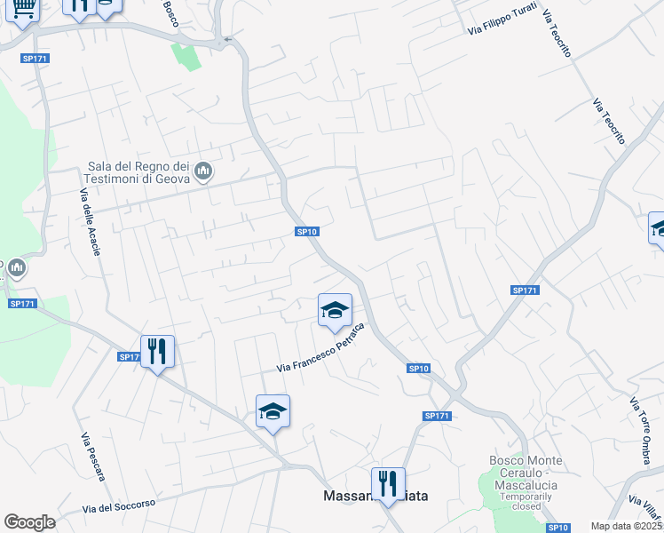 map of restaurants, bars, coffee shops, grocery stores, and more near 205 Via del Bosco in Mascalucia