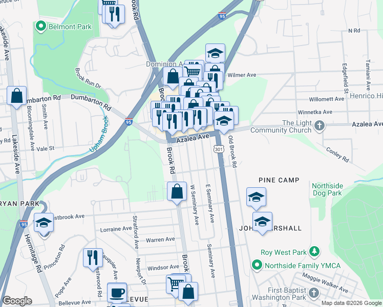 map of restaurants, bars, coffee shops, grocery stores, and more near 5015 West Seminary Avenue in Richmond