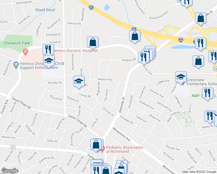 map of restaurants, bars, coffee shops, grocery stores, and more near 1519 Fort Hill Drive in Richmond