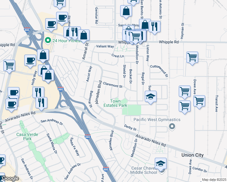 map of restaurants, bars, coffee shops, grocery stores, and more near 2461 Andover Drive in Union City