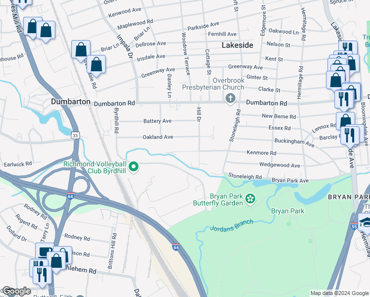map of restaurants, bars, coffee shops, grocery stores, and more near 2808 Kenmore Road in Richmond