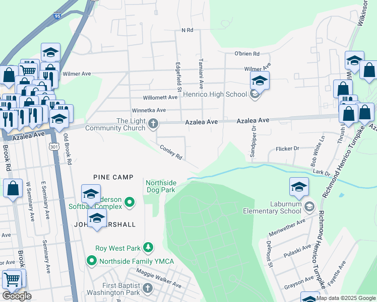 map of restaurants, bars, coffee shops, grocery stores, and more near 4905 Edgefield Street in Richmond