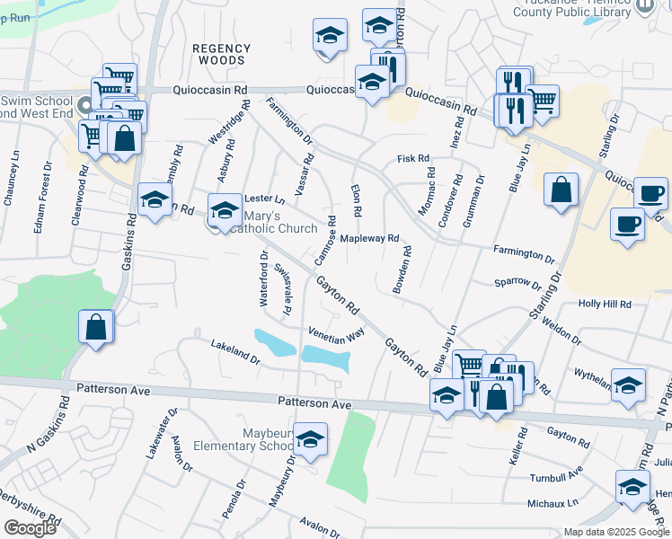 map of restaurants, bars, coffee shops, grocery stores, and more near 9306 Gayton Road in Richmond