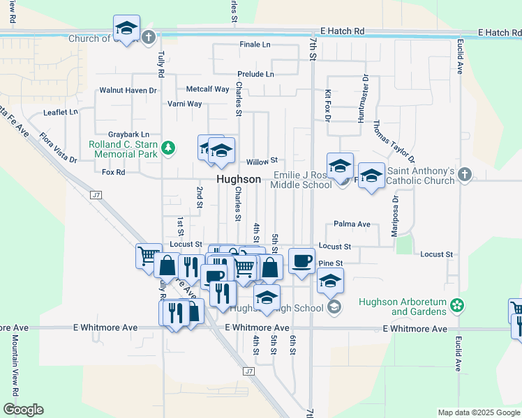 map of restaurants, bars, coffee shops, grocery stores, and more near 2054 4th Street in Hughson