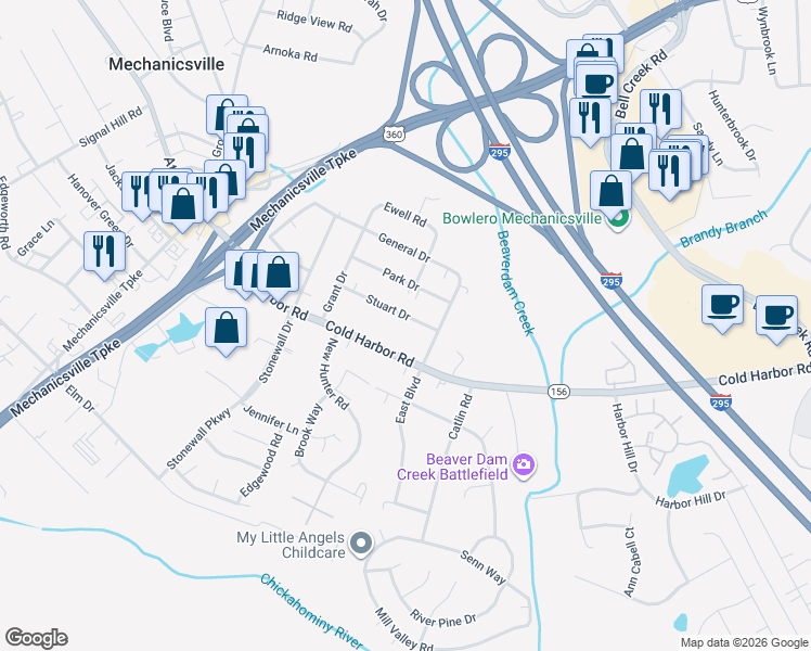 map of restaurants, bars, coffee shops, grocery stores, and more near 7395 Stuart Drive in Mechanicsville