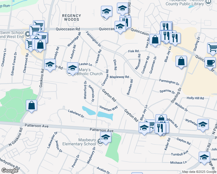 map of restaurants, bars, coffee shops, grocery stores, and more near 9306 Gayton Rd in Richmond