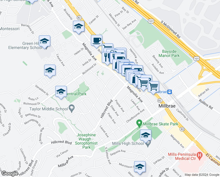 map of restaurants, bars, coffee shops, grocery stores, and more near 272 Barclay Avenue in Millbrae