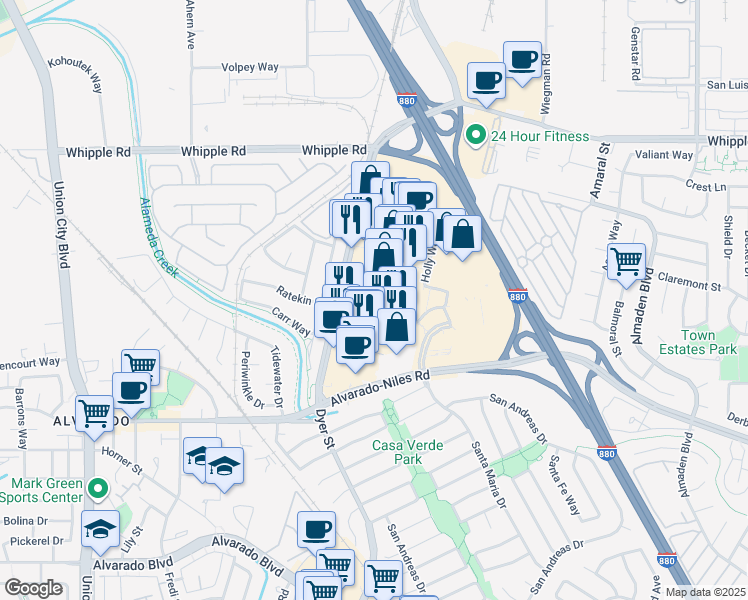 map of restaurants, bars, coffee shops, grocery stores, and more near 31950 Dyer Street in Union City