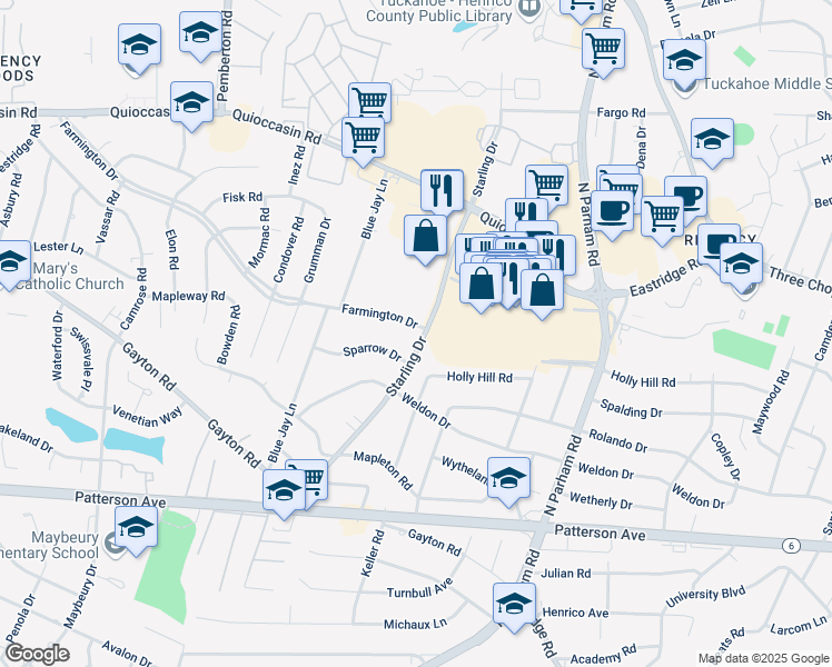 map of restaurants, bars, coffee shops, grocery stores, and more near 9001 Farmington Drive in Richmond