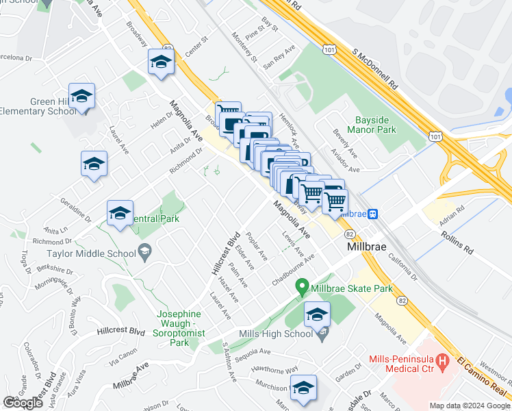map of restaurants, bars, coffee shops, grocery stores, and more near 230 Hillcrest Boulevard in Millbrae