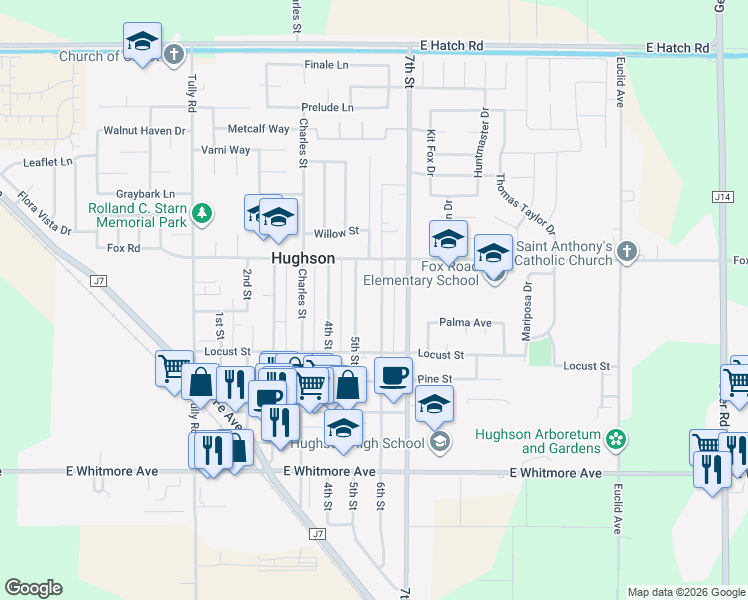 map of restaurants, bars, coffee shops, grocery stores, and more near 2067 6th Street in Ceres