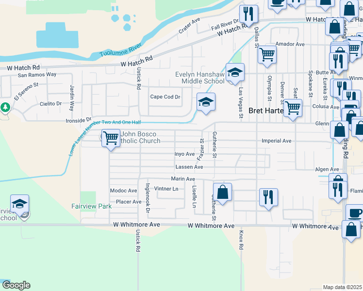 map of restaurants, bars, coffee shops, grocery stores, and more near 1118 Imperial Avenue in Modesto