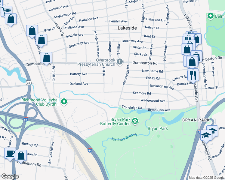map of restaurants, bars, coffee shops, grocery stores, and more near 2510 Kenmore Road in Richmond