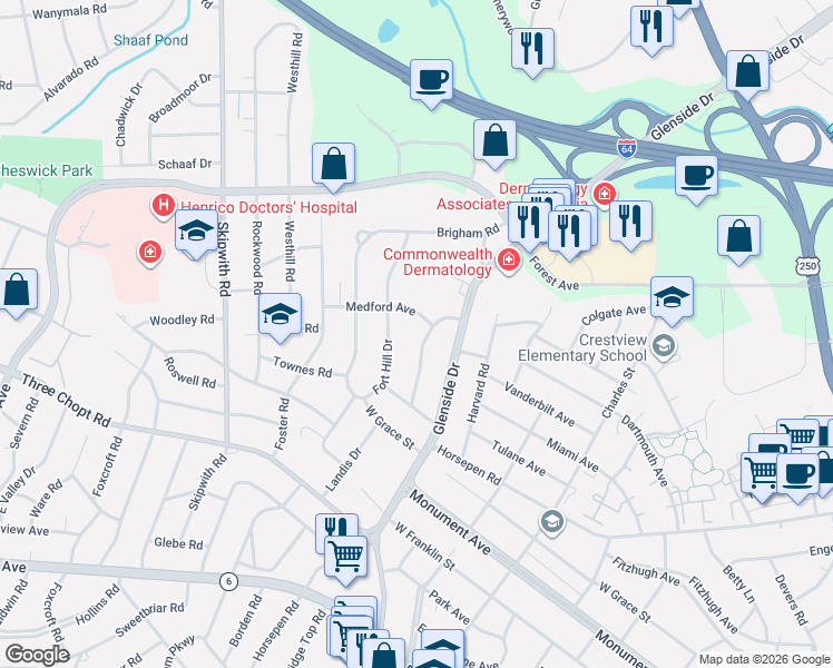 map of restaurants, bars, coffee shops, grocery stores, and more near 1516 Ethridge Drive in Richmond