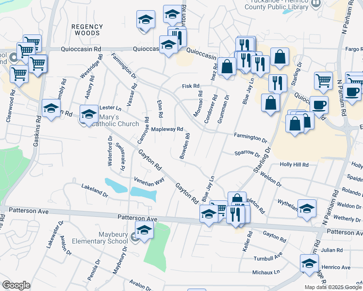 map of restaurants, bars, coffee shops, grocery stores, and more near 1208 Bowden Road in Henrico