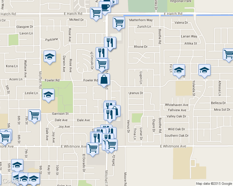 map of restaurants, bars, coffee shops, grocery stores, and more near 3020 Glen Park Way in Ceres